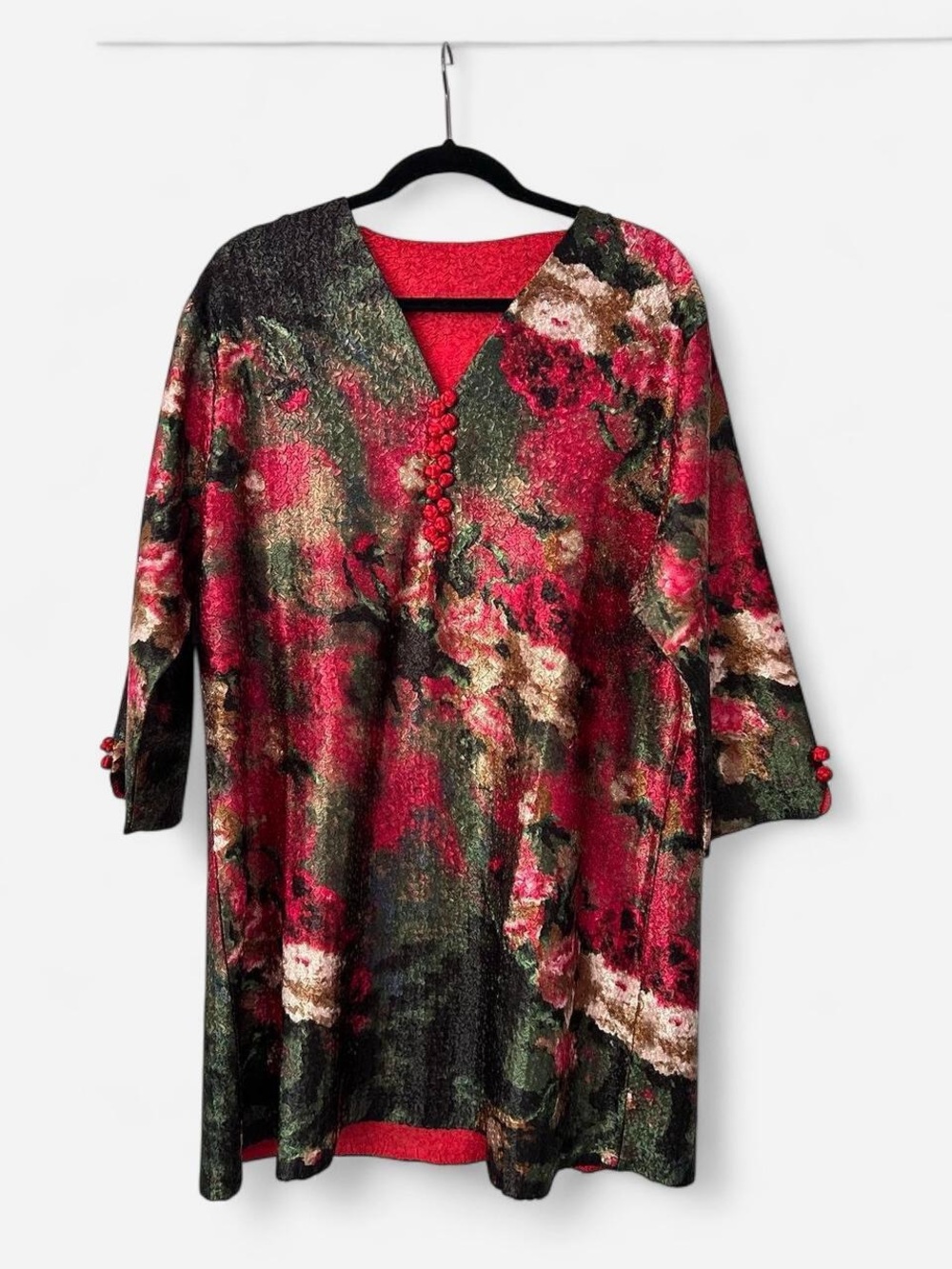Floral Red & Green V-Neck Button Tunic Dress